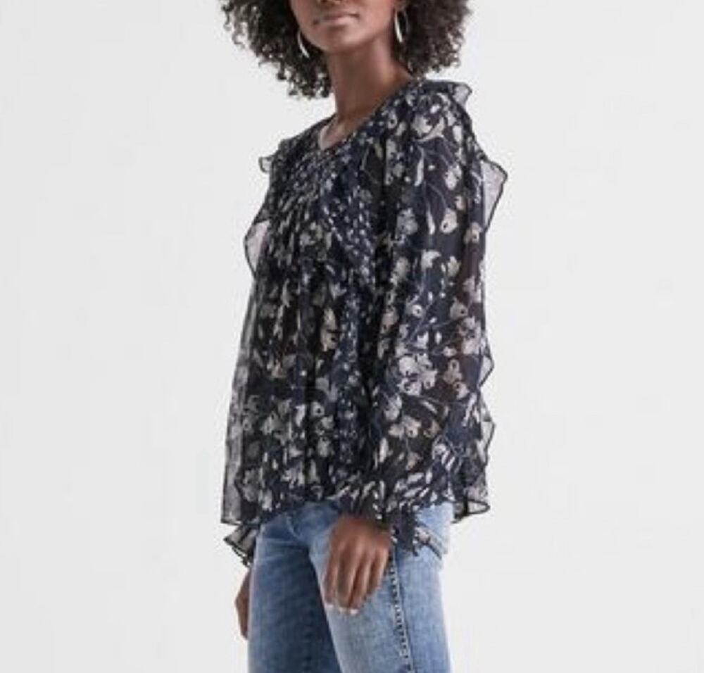 Lucky Brand Cottage Core Boho Bohemian Floral Blouse Size L Blue